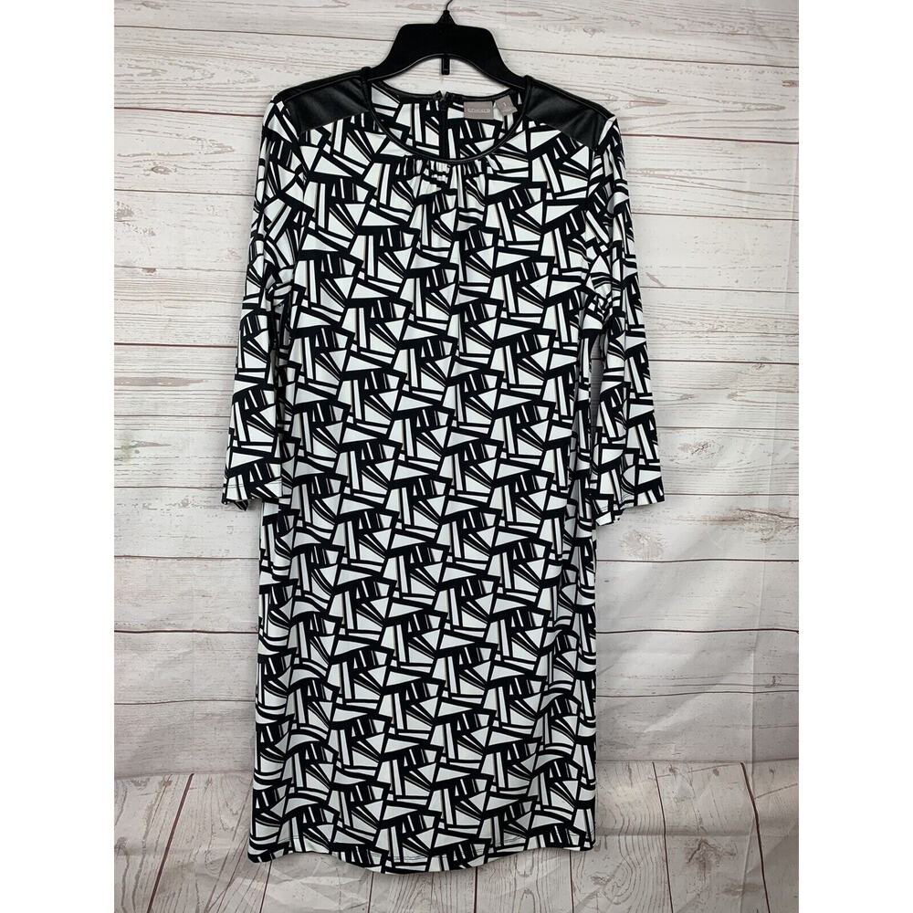 Chico's Shift‎ dress Womens size 1 Medium black/white faux leather shoulders
